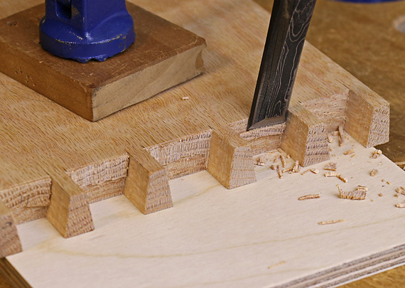 chopping dovetail pins