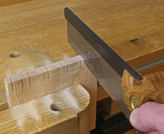 sawing dovetail pins