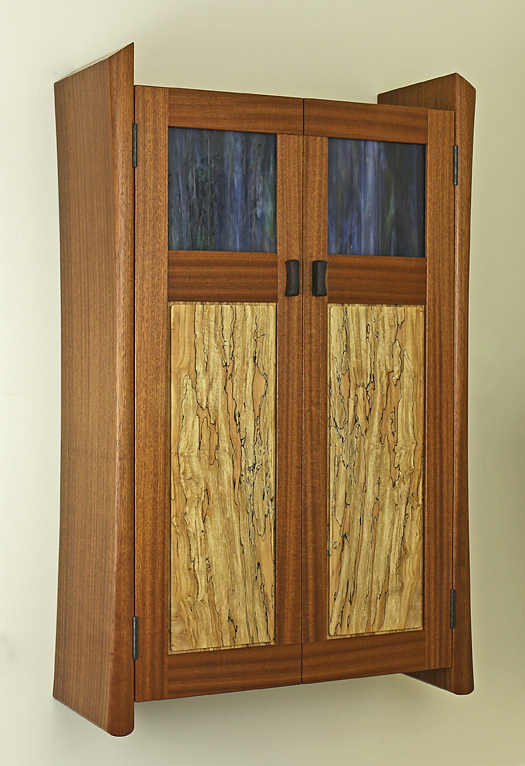 sapele, spalted maple, art glass wall cabinet
